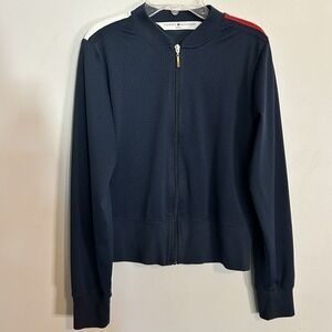 Vintage Womens Tommy Hilfiger Jacket Navy Blue Mesh Zip Up Shoulder Accent Large